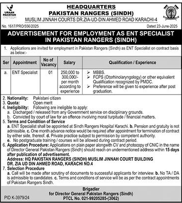 ENT Specialist Jobs in Pakistan Rangers Karachi